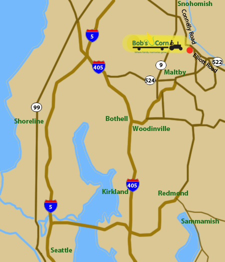 Map and directions to Bob's Corn Maze and Pumpkin Patch in Snohomish, WA, with instructions from Kirkland, Woodinville, Redmond, Sammamish, Seattle, Shoreline, Bothell, and Maltby, Washington. 